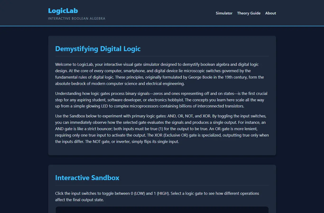 Screenshot of LogicLab: Visual Gate Simulator interface showing the project page in use